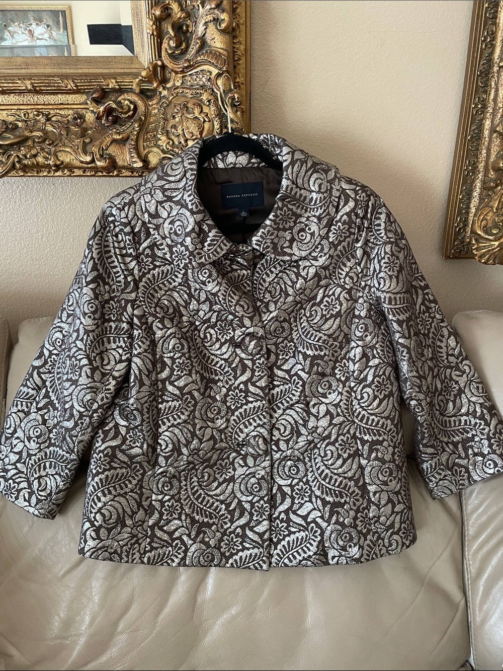 Vintage Banana Republic Brown & Bronze Gold Silver Brocade Silk Metallic Jacket